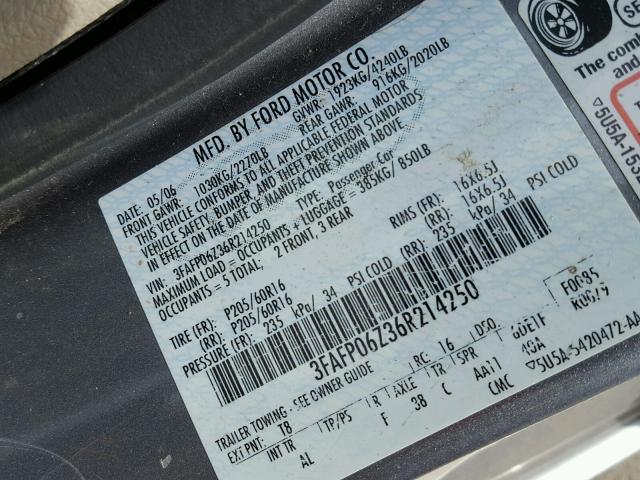 3FAFP06Z36R214250 - 2006 FORD FUSION S GRAY photo 10