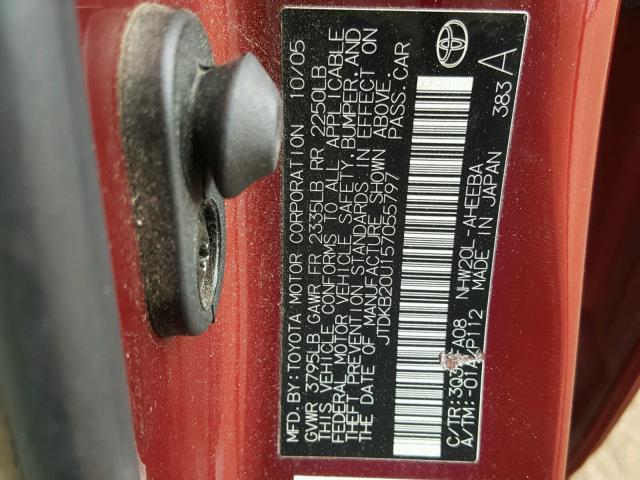 JTDKB20U157055797 - 2005 TOYOTA PRIUS BURGUNDY photo 10