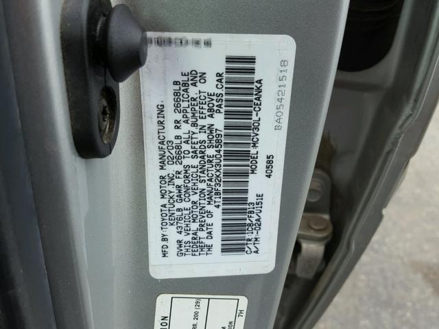 4T1BF32KX3U045897 - 2003 TOYOTA CAMRY LE SILVER photo 10