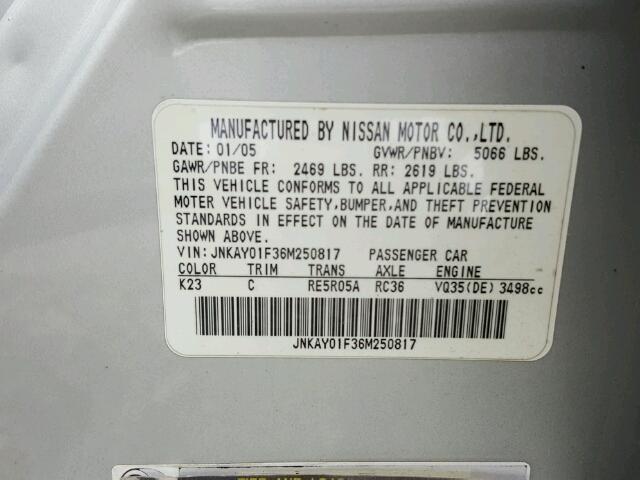 JNKAY01F36M250817 - 2006 INFINITI M35 BASE SILVER photo 10