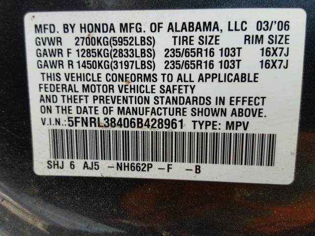 5FNRL38406B428961 - 2006 HONDA ODYSSEY EX TURQUOISE photo 10