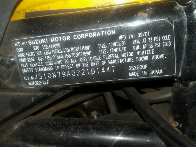 JS1GN79A022101447 - 2002 SUZUKI GSX600 F YELLOW photo 10