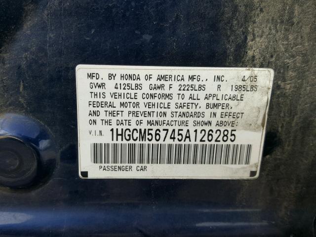 1HGCM56745A126285 - 2005 HONDA ACCORD EX BLUE photo 10