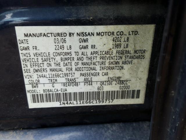 1N4AL11E66C199757 - 2006 NISSAN ALTIMA S BLUE photo 10