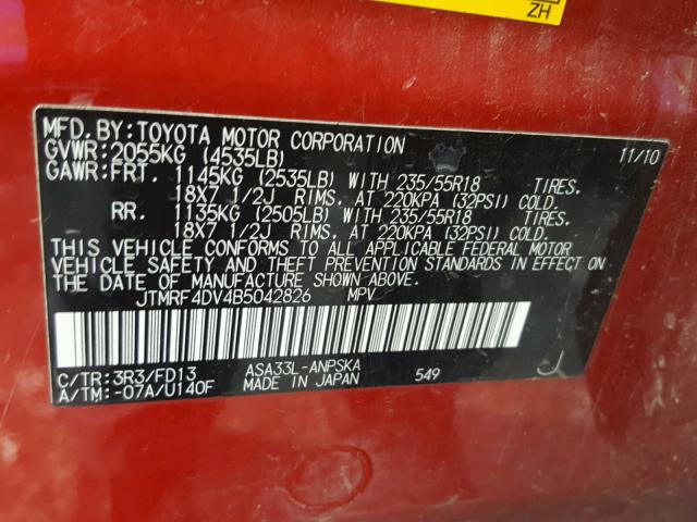 JTMRF4DV4B5042826 - 2011 TOYOTA RAV4 SPORT RED photo 10