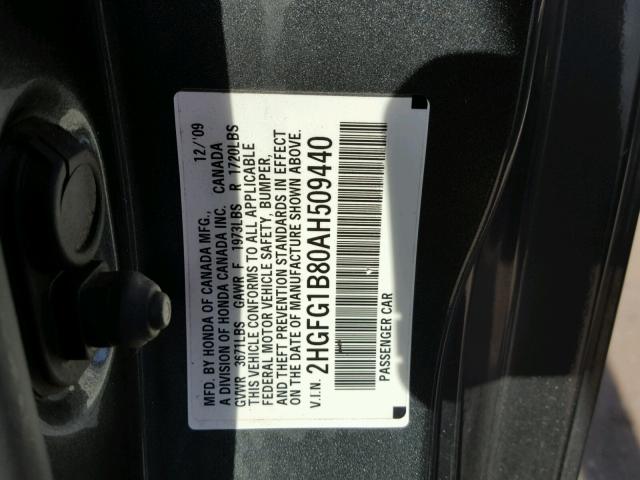 2HGFG1B80AH509440 - 2010 HONDA CIVIC EX رمادي صورة 10
