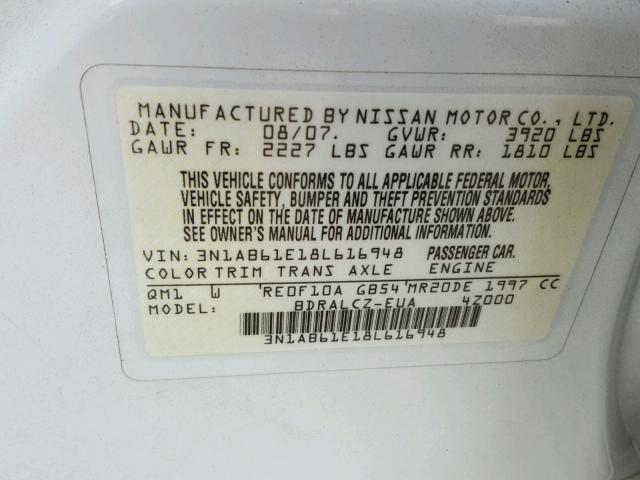 3N1AB61E18L616948 - 2008 NISSAN SENTRA 2.0 WHITE photo 10