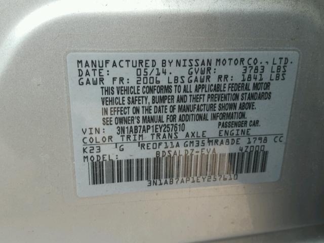 3N1AB7AP1EY257610 - 2014 NISSAN SENTRA S GRAY photo 10