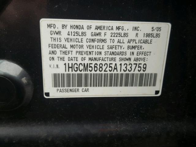 1HGCM56825A133759 - 2005 HONDA ACCORD EX CHARCOAL photo 10