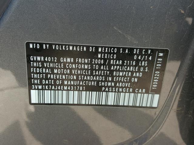 3VW1K7AJ4EM431781 - 2014 VOLKSWAGEN JETTA BASE 灰色 照片 10