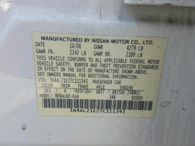 1N4AL21E27C111343 - 2007 NISSAN ALTIMA 2.5 WHITE photo 10