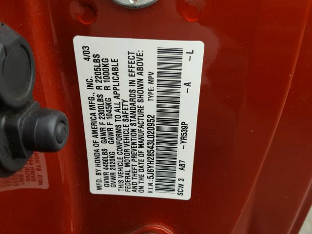 5J6YH28543L020952 - 2003 HONDA ELEMENT EX ORANGE photo 10