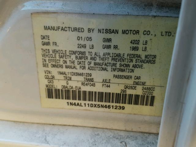 1N4AL11DX5N461239 - 2005 NISSAN ALTIMA S WHITE photo 10