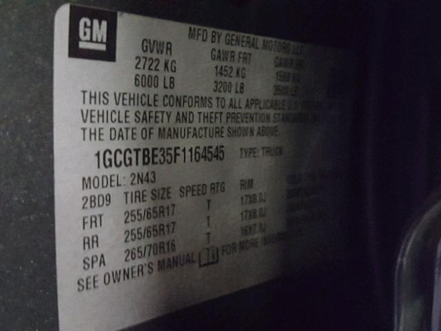 1GCGTBE35F1164545 - 2015 CHEVROLET COLORADO L GRAY photo 10