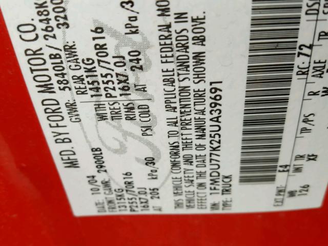 1FMDU77K25UA39691 - 2005 FORD EXPLORER S 红色 照片 10