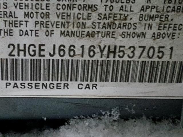 2HGEJ6616YH537051 - 2000 HONDA CIVIC BASE BLUE photo 10