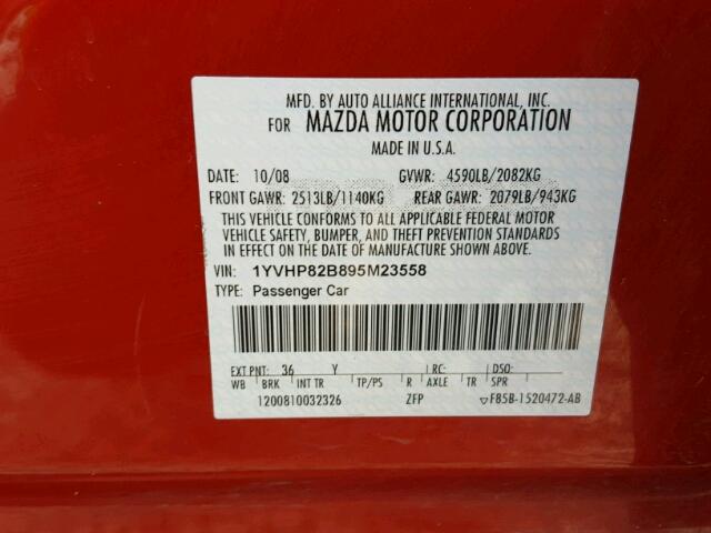 1YVHP82B895M23558 - 2009 MAZDA 6 S Bordo foto 10