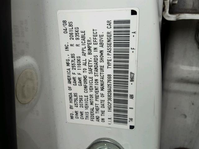 1HGCP36828A057668 - 2008 HONDA ACCORD EXL WHITE photo 10