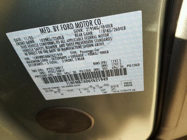 1LNFM87A06Y621949 - 2006 LINCOLN LS 银色 照片 10