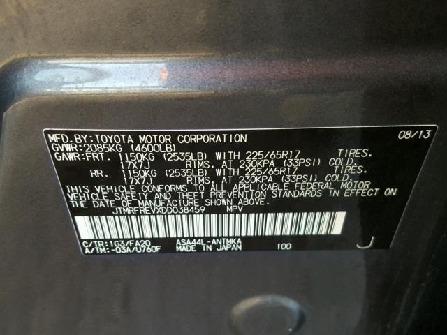 JTMRFREVXDD038459 - 2013 TOYOTA RAV4 XLE GRAY photo 10