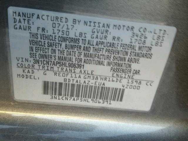 3N1CN7AP5HL906391 - 2017 NISSAN VERSA S GRAY photo 10