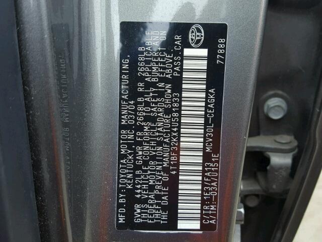 4T1BF32KX4U581833 - 2004 TOYOTA CAMRY LE 灰色 照片 10