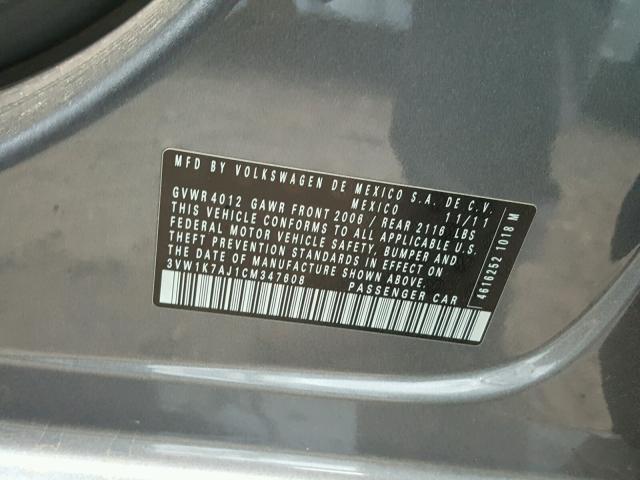 3VW1K7AJ1CM347608 - 2012 VOLKSWAGEN JETTA BASE CHARCOAL photo 10
