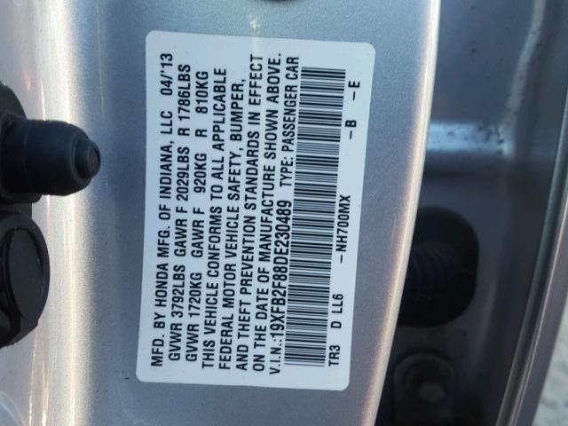 19XFB2F88DE230489 - 2013 HONDA CIVIC EX ვერცხლისფერი ფოტო 10