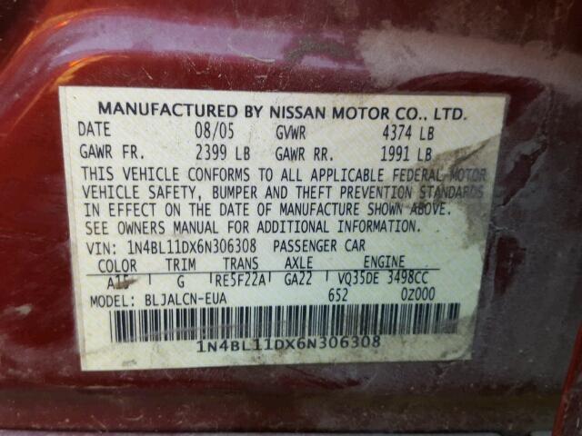 1N4BL11DX6N306308 - 2006 NISSAN ALTIMA SE MAROON photo 10