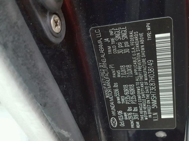 5NMSH73E87H038149 - 2007 HYUNDAI SANTA FE S BLUE photo 10