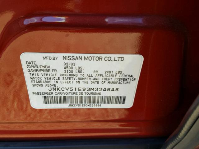 JNKCV51E93M324646 - 2003 INFINITI G35 RED photo 10