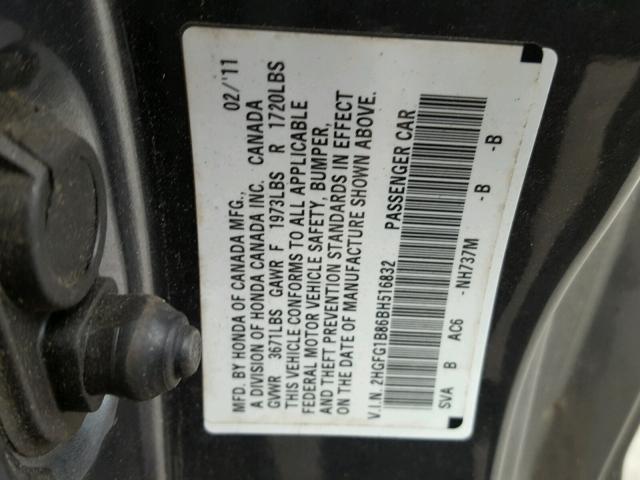 2HGFG1B86BH516832 - 2011 HONDA CIVIC EX ნაცრისფერი ფოტო 10