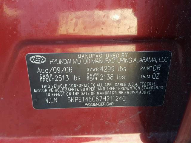 5NPET46C67H211240 - 2007 HYUNDAI SONATA GLS BURGUNDY photo 8