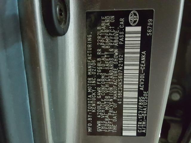 4T1BE30K56U742162 - 2006 TOYOTA CAMRY LE GRAY photo 10