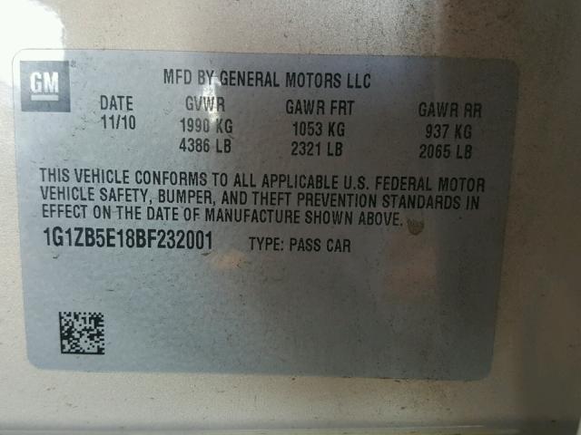 1G1ZB5E18BF232001 - 2011 CHEVROLET MALIBU LS Qəhvəyi foto 10