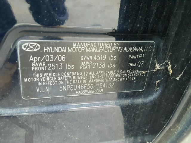 5NPEU46F56H154132 - 2006 HYUNDAI SONATA GLS BLACK photo 10