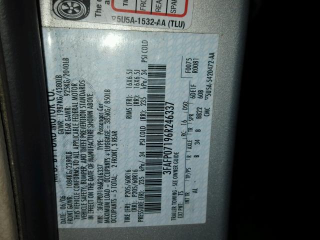 3FAFP07196R246337 - 2006 FORD FUSION SE SILVER photo 10