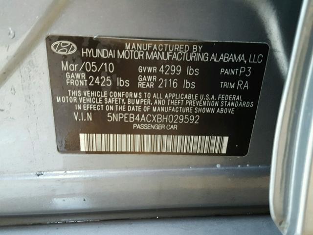 5NPEB4ACXBH029592 - 2011 HYUNDAI SONATA GLS CHARCOAL photo 10