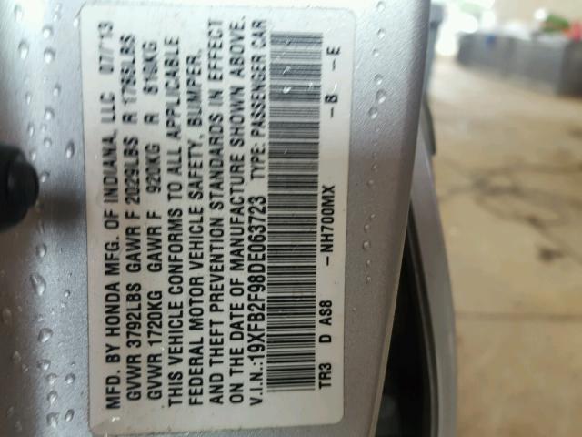 19XFB2F98DE063723 - 2013 HONDA CIVIC EXL SILVER photo 10