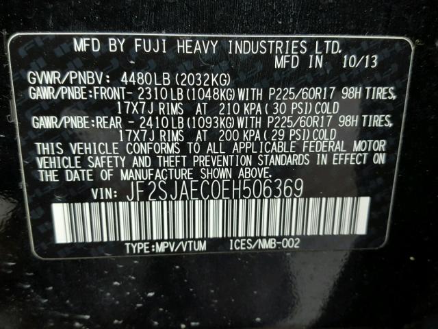 JF2SJAEC0EH506369 - 2014 SUBARU FORESTER 2 BLACK photo 10