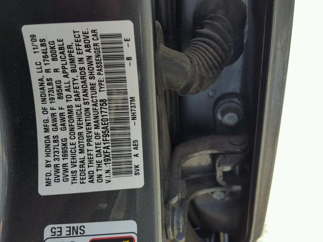 19XFA1F95AE017758 - 2010 HONDA CIVIC EXL ნაცრისფერი ფოტო 10