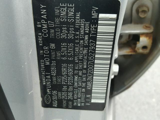 KM8JN72D07U527937 - 2007 HYUNDAI TUCSON SE GRAY photo 10