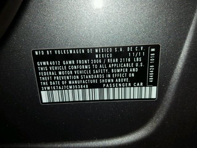 3VW1K7AJ7CM353848 - 2012 VOLKSWAGEN JETTA BASE ნაცრისფერი ფოტო 10
