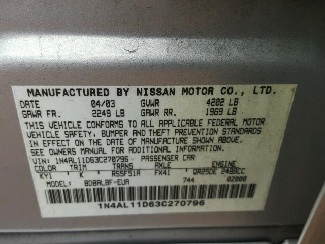 1N4AL11D63C270796 - 2003 NISSAN ALTIMA BAS SILVER photo 10