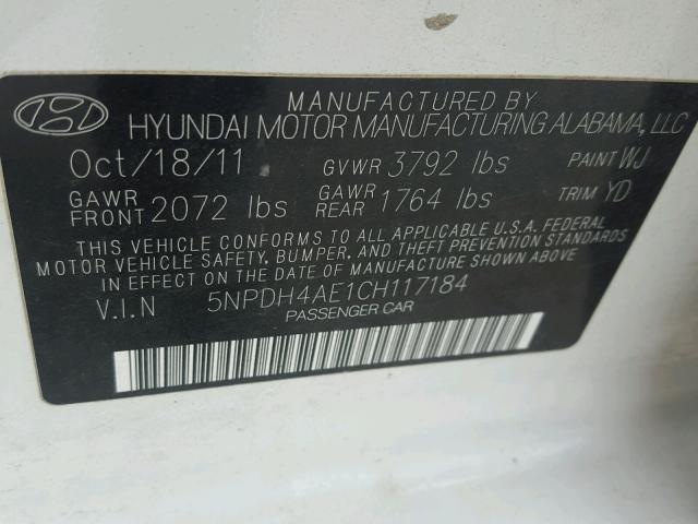 5NPDH4AE1CH117184 - 2012 HYUNDAI ELANTRA GL WHITE photo 10