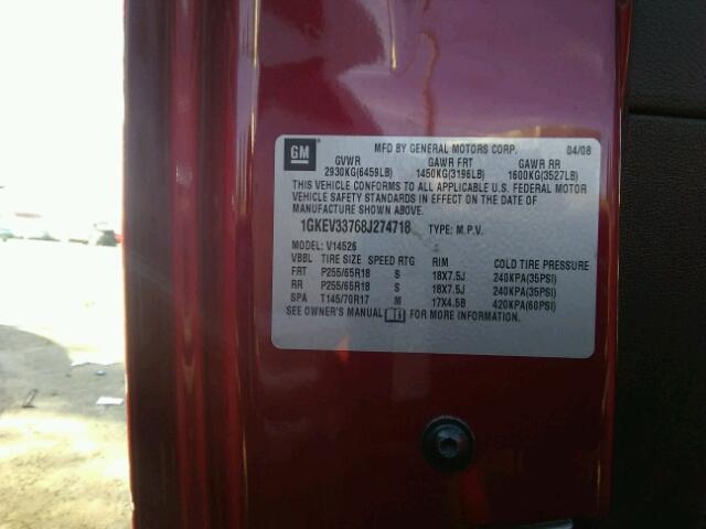 1GKEV33768J274718 - 2008 GMC ACADIA SLT წითელი ფოტო 10