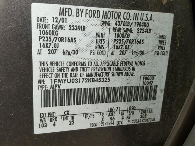 1FMYU03172KB45325 - 2002 FORD ESCAPE XLT GRAY photo 10