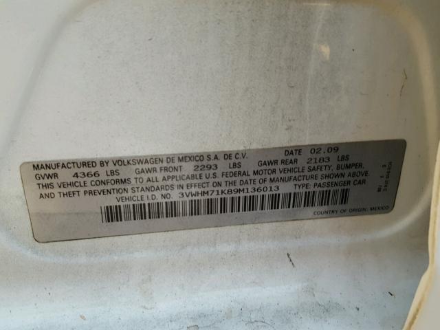 3VWHM71K89M136013 - 2009 VOLKSWAGEN JETTA S Ağ foto 10