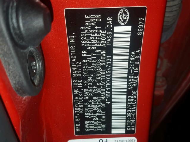 4T1BF1FKXCU547131 - 2012 TOYOTA CAMRY BASE RED photo 10