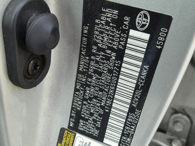 4T1BE32K65U017715 - 2005 TOYOTA CAMRY LE 银色 照片 10